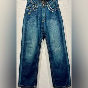 Vintage Akademiks Baggy Dark Wash Denim Jeans with Yellow Stitching - Size 30